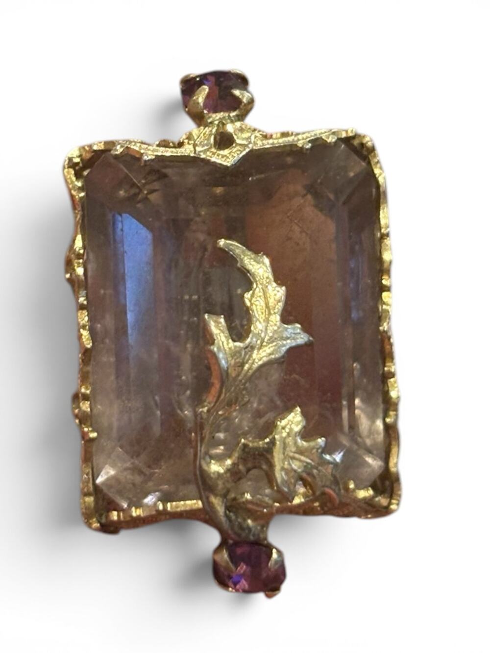 Smoky Glass Statement Brooch Purple Rhinestones Gold Tone Victorian Revival 40s